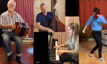Un collage de quatre artistes. Un accordéoniste, un bassiste, une pianiste et une danseuse.