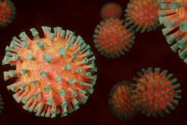Coronavirus rond orange avec des minis trompettes vertes tout autour
